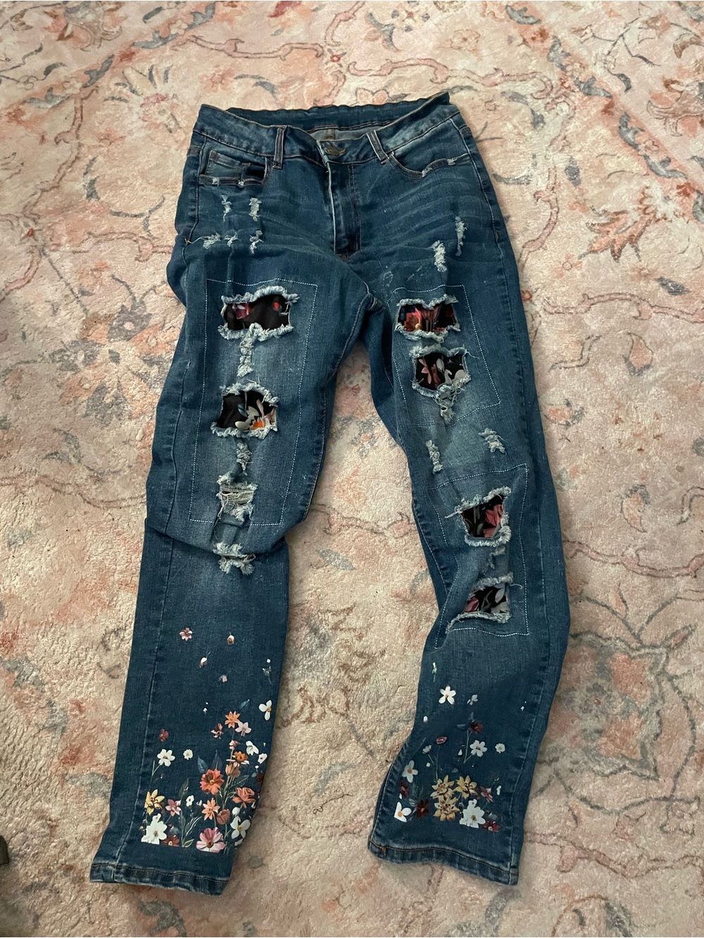 Dark Blue Floral Distressed Women's Jeans